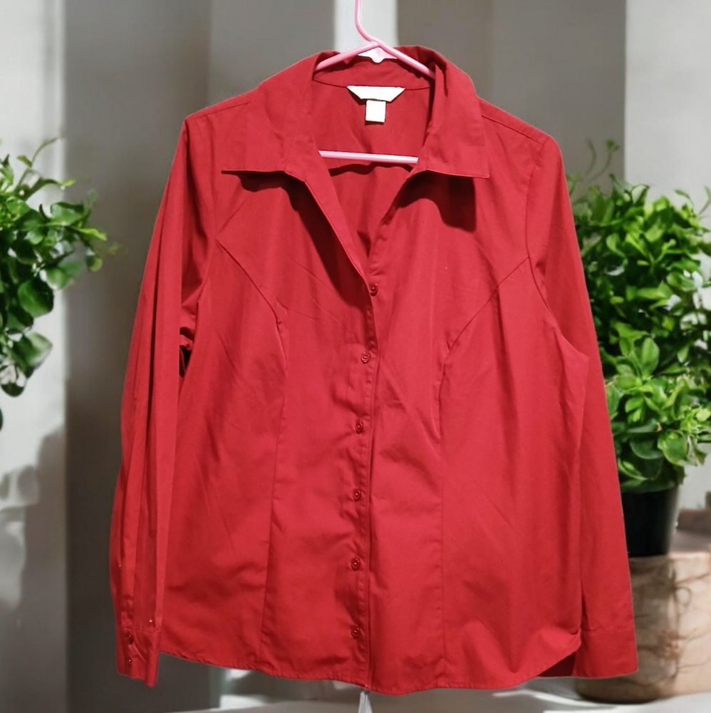 CJ Banks Dark Red Long Sleeve Button Down Womans Plus Shirt sz X Capsule Mature